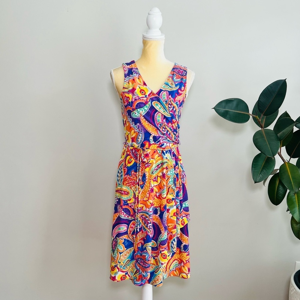 LAUREN RALPH LAUREN Paisley Dress Stretchy Surplice Sleeveless Tie Belt